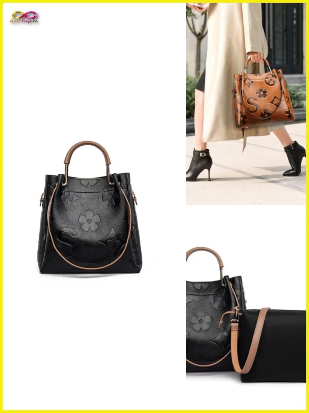 Embossed Vegan Leather Bucket Tote - 3-in-1 Satchel Handbag Set